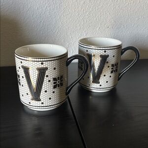 Anthropologie Bistro Tile Monogram “V” Mugs